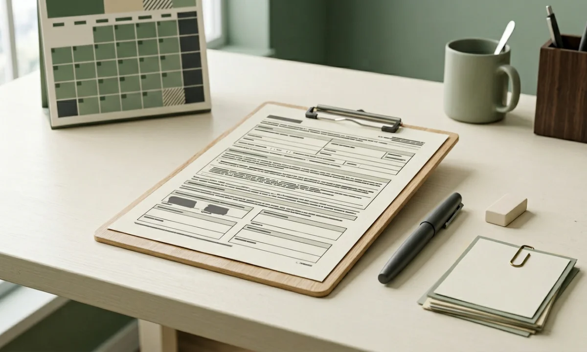 Formular und Stift für Änderungen an Vertragsdaten der Kfz-Versicherung, 1200x720 Pixel